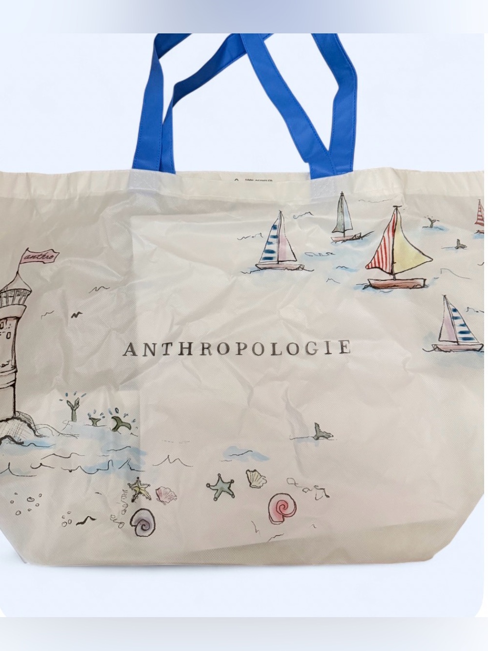 Anthropologie Coastal Sailboat Reusable Tote Bag Blue Handles